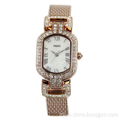 Trendy Western Rose Gold Diamond Ladies' Watch, Stainless Steel Material Case and Mesh Band, 3ATM